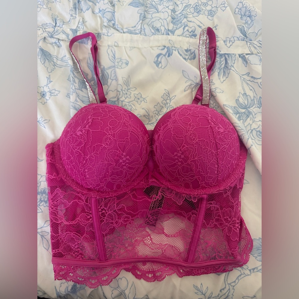 Pink Lace Shine Strap Push-Up Corset Top, hardly worn